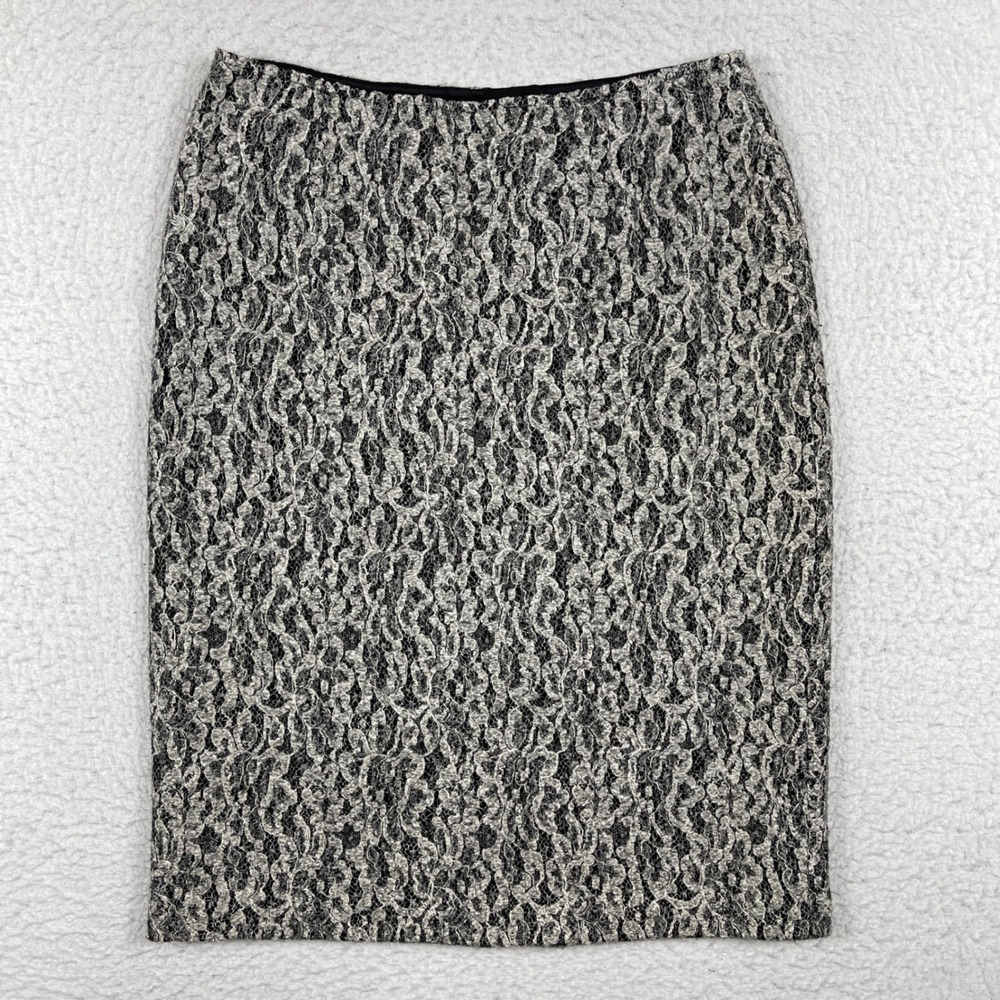 Lafayette 148 New York Pencil Skirt Womens 6 Gray Black Lace Wool Blend Textured